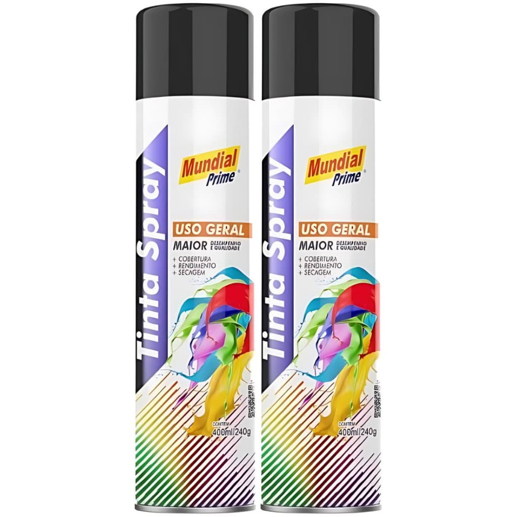 2 Tinta Spray 400ml Mundial Prime Preto Brilhante Spray Uso Geral