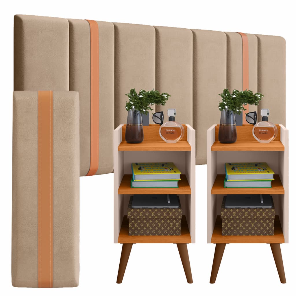 Conjunto Casal 1,40 7 Placas Modular com Kit Mesa de Cabeceira Max Estilo Moderno Pratico