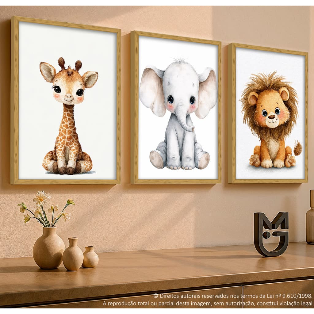 Conjunto Kit Quadros Decorativos 3 peças Infantil Safari Girafa decoração Quarto Bebê Criança