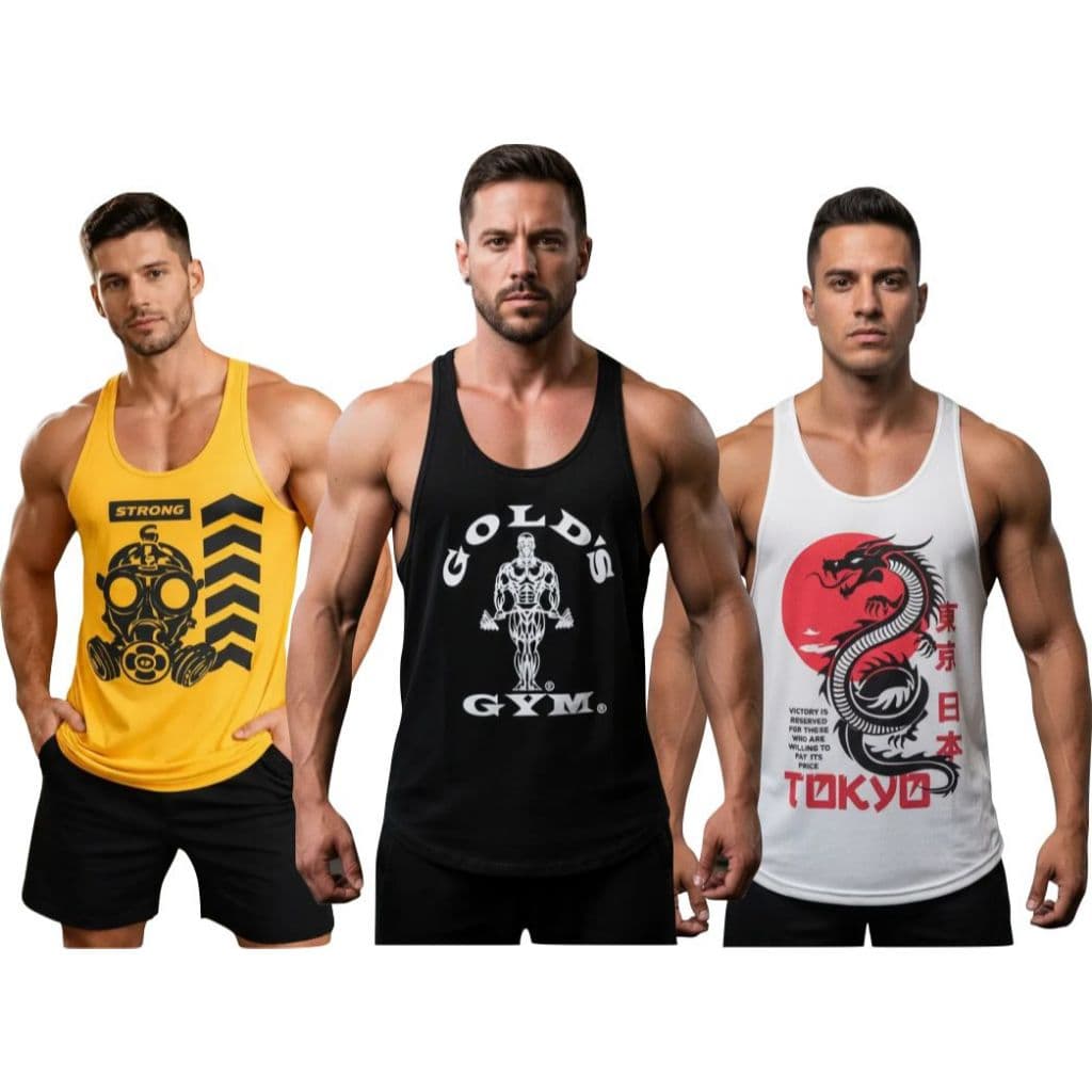Kit 3 Camisetas Regatas Super Cavadas Academia Estampada