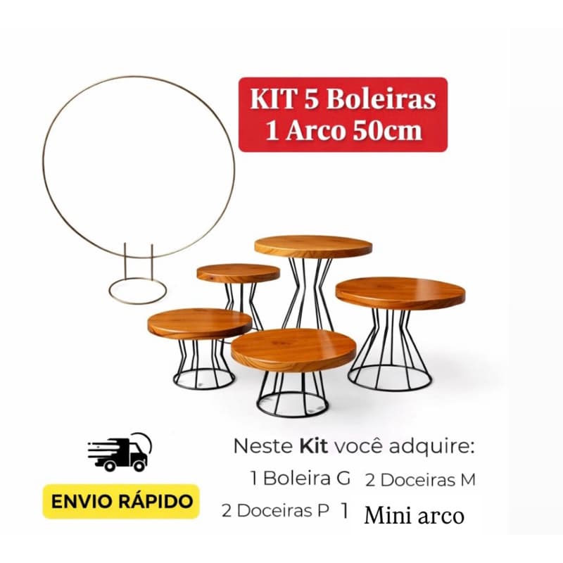 Kit 5 Boleiras Envernizadas + 1 Arco Dourado 50cm| Decoracão de Festa,Casamento,Aniversario Decoração de Mesa