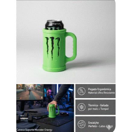 COPO Suporte Porta Lata Monster Energy 473ml Térmica Gamer Geek Academia Impressão 3D Premium + brinde