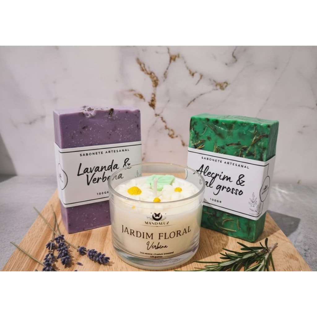 2 Sabonetes Artesanais + 1 Vela Aromática _ Kit 2 Sabonetes com 1 vela aromática decorativa aroma verbena