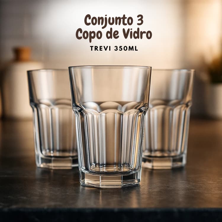 Jogo 3 Copos de Vidro Grosso 350ml – Kit Copos Resistentes Promoção