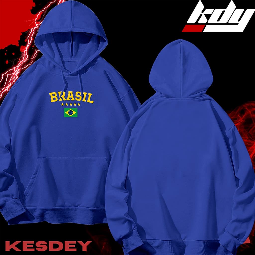 Moletom Masculino Azul Brasil Com Capuz Bolso Canguru Casual Confortável