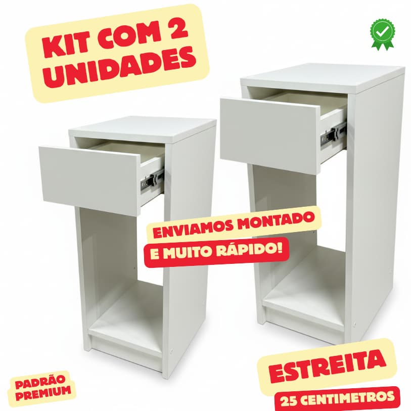 Kit 2 Mesas De Cabeceira Estreita Com Gaveta de Chão MDF / MDP 60x30x25 De Cama Para Quarto