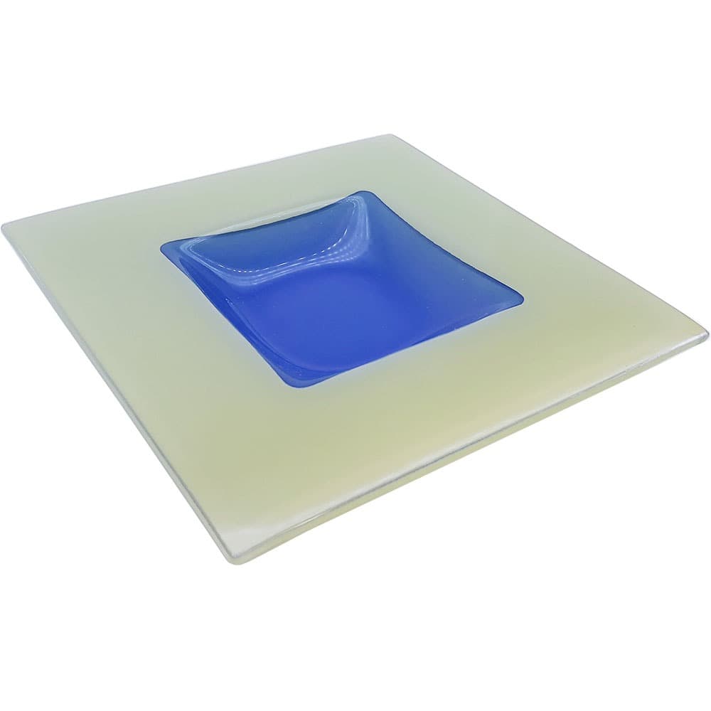 Prato Decorativo de Vidro Quadrado Decorglass 20x20cm Verde com Centro Azul – Design Moderno
