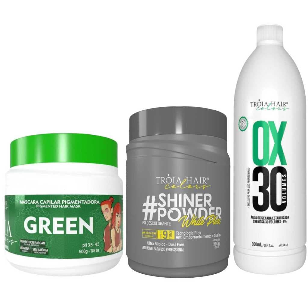 Pó Descolorante Premium 500g + OX 30 900ml + Troia Colors Green 500g - Troia Hair