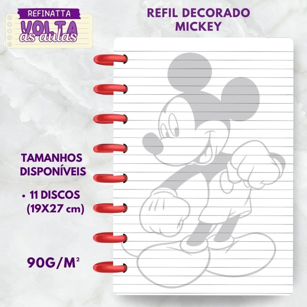 Refil Decorado Pautado para Caderno Inteligente / Caderno de Discos Refinatta 90g - MICKEY