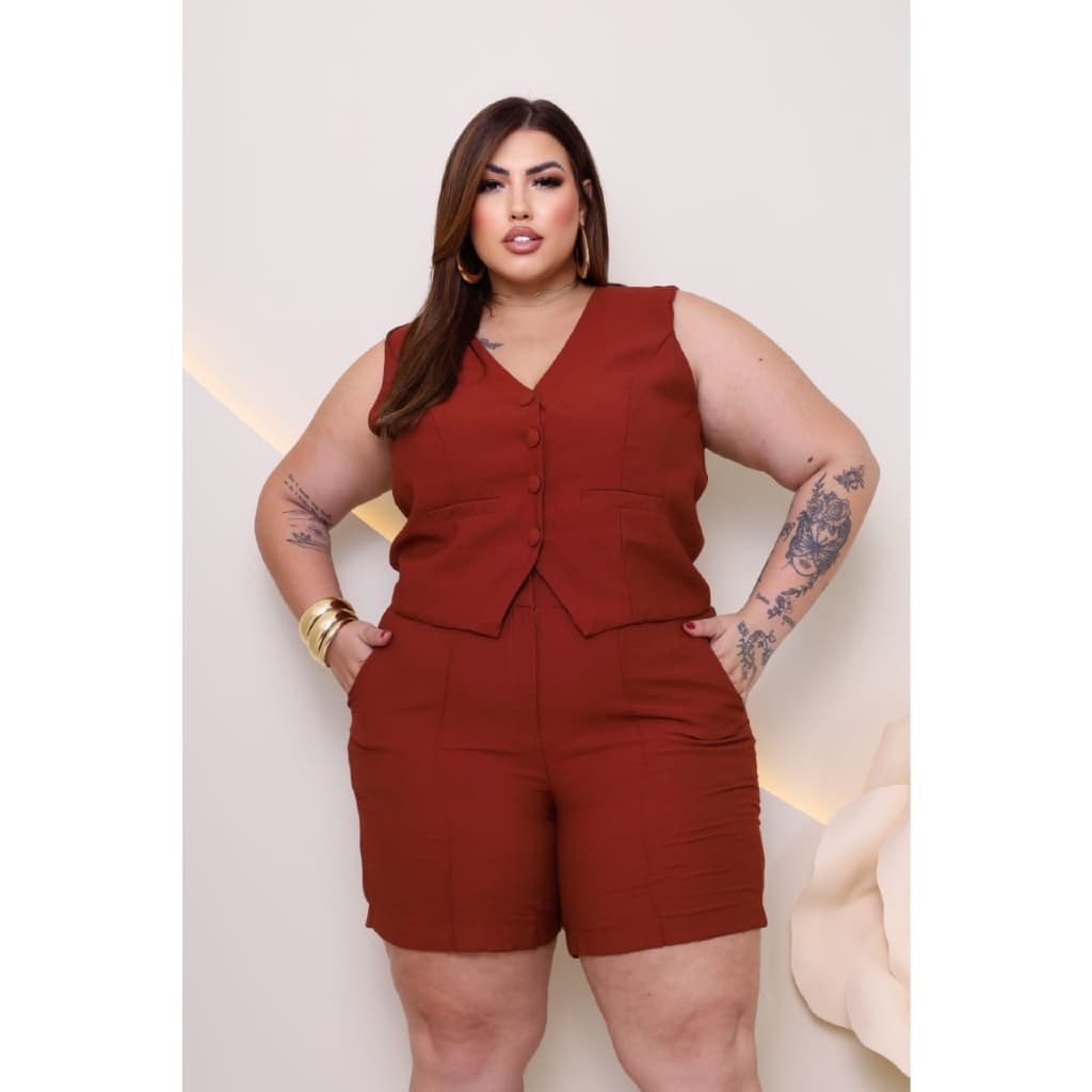 Conjunto feminino Plus Size Blusa e short tecido alfaiateria sensorial moda feminina verão plus
