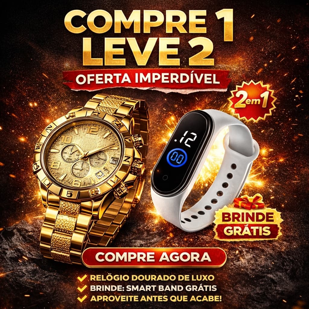 COMPRE 1 LEVE 2 – RELÓGIO DOURADO + SMART BAND DE BRINDE