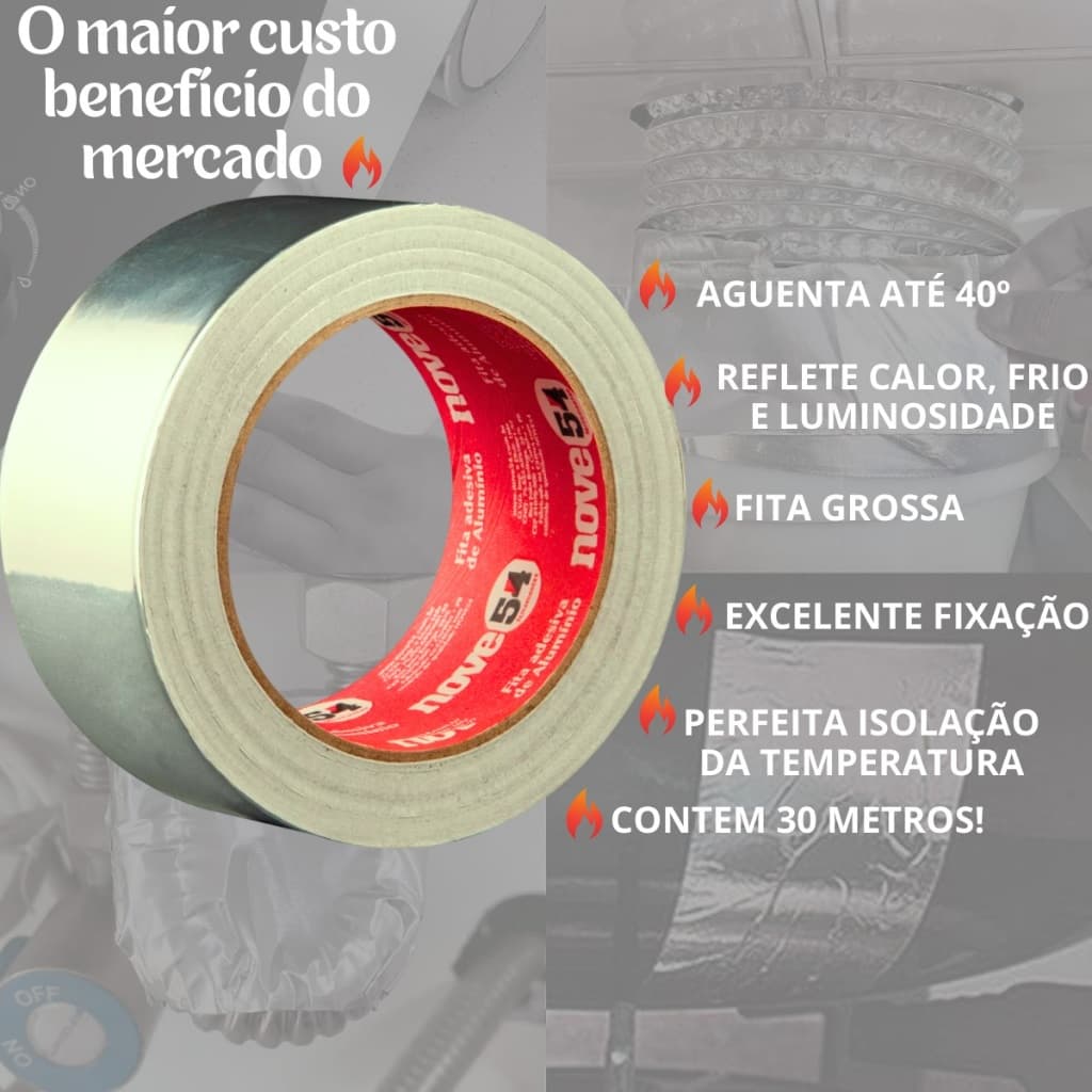 Fita De Alumínio Adesiva Isolante Térmica Alta Fixação Aguenta 40º Reflete Quente Frio Uso Geral Isopor Ar Condicionado