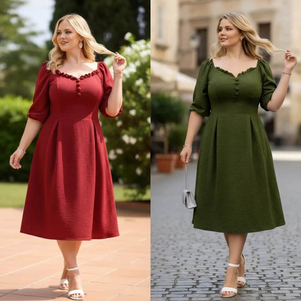 Vestido  Moda Evangélica Manga Princesa Com Lastex Decote Quadrado Ajustável Elegante Casual Chic P ao G