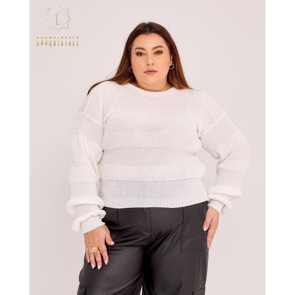 Blusa Feminina Tricot Plus Size Manga Comprida Suéter Tricô Bufante Punho Justo