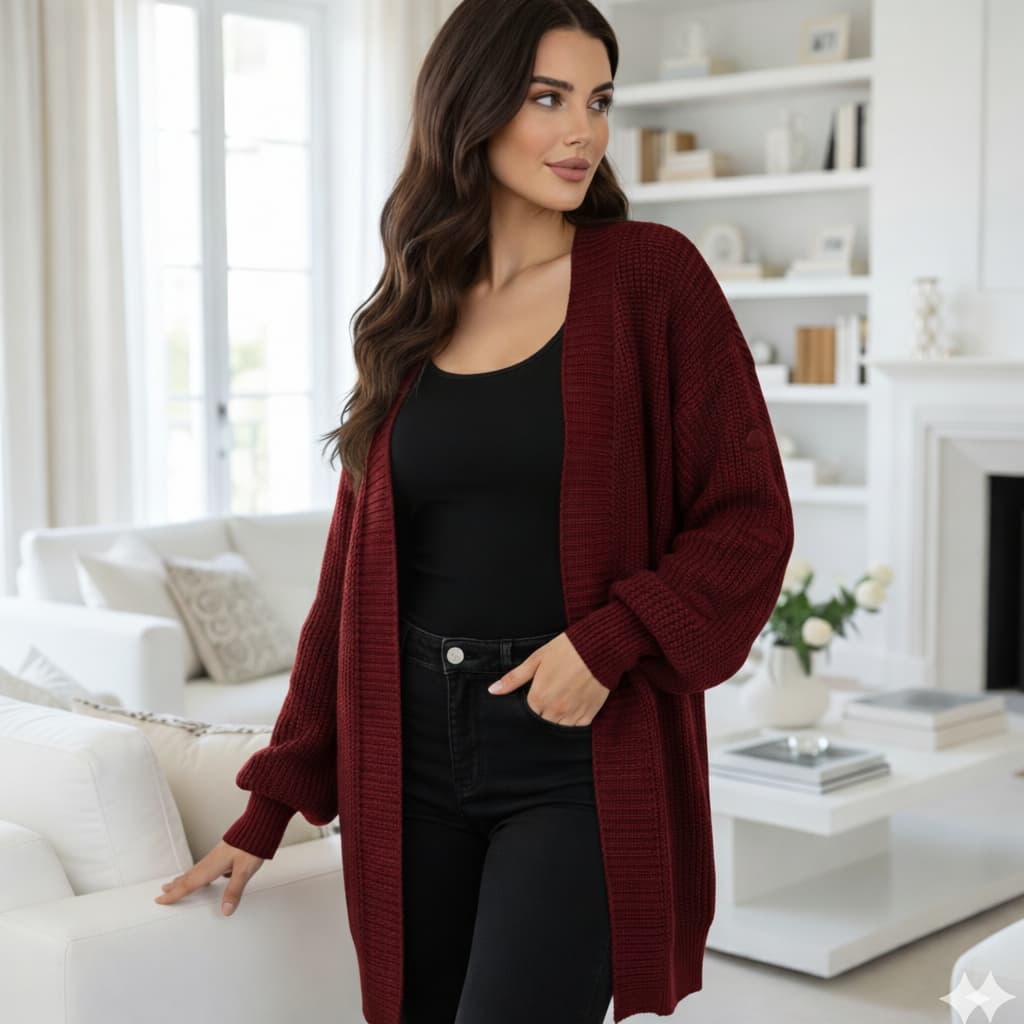 Cardigan Feminino Tricot Premium Manga Bufante Ponto Fang – Elegante, Quentinho e Tendência Inverno