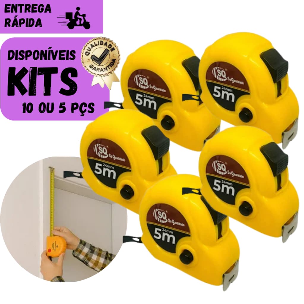Kits 10 ou 5 Trenas de Medição 5 Metros SQ Fita Métrica Retrátil Resistente para Obras e Reforma
