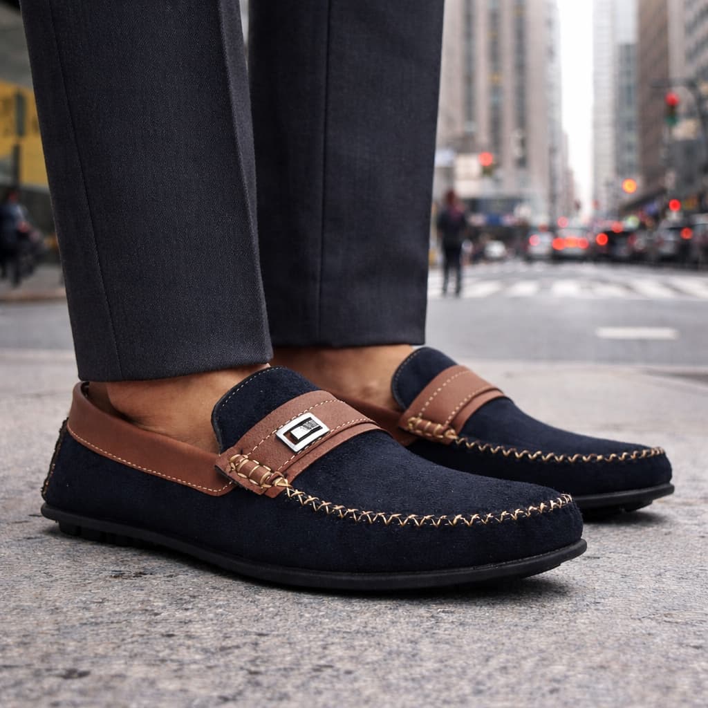 Mocassim Casual Masculino Sapato Social Camurça Preto com Caramelo Moderno Sofisticado Confortável Elegante