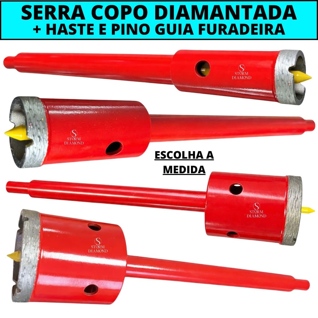Serra Copo Diamantada Concreto 25mm 30mm 32mm 40mm 53mm 60mm 65mm + Haste E Pino Guia Furadeira