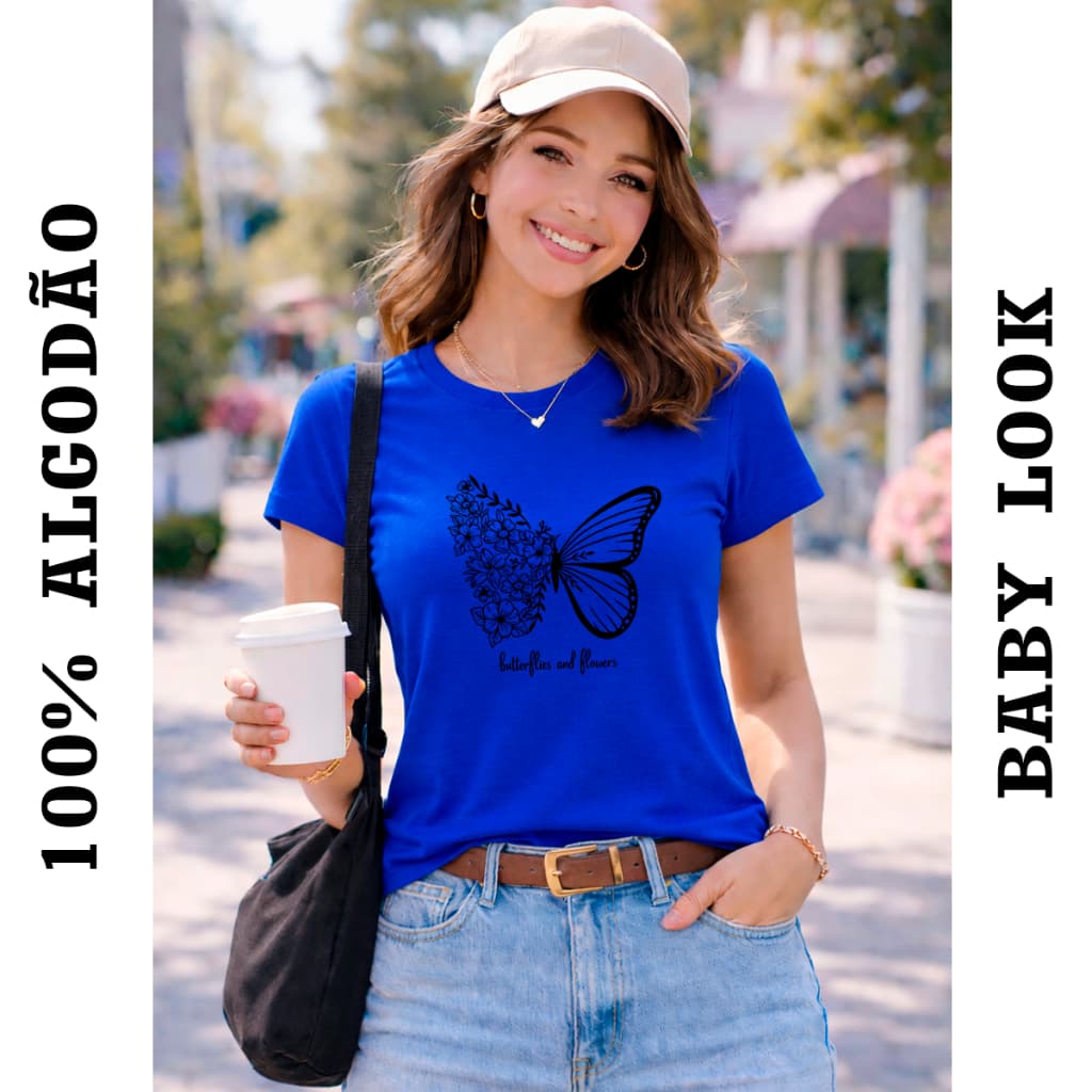 Camiseta Baby Look Borboleta Camisa Algodão Feminina Confortável