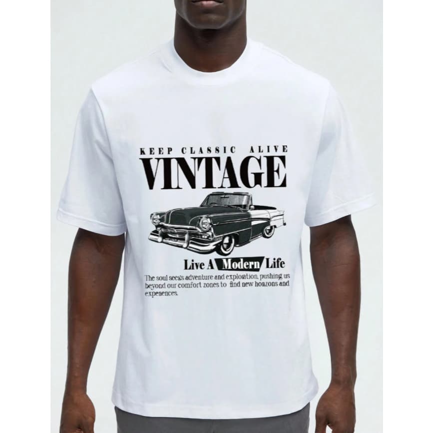 Camiseta Casual Masculina com Gráfico de Slogan e Carro, Camiseta Casual Masculina de Verão com Estampa Retrô Vintage de