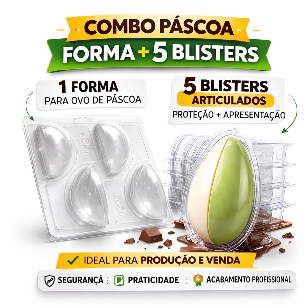 Combo Páscoa Profissional: 1 Forma para Ovo 150 g 4 Fatias + 5 Blisters Articulados