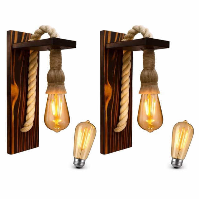 2 Arandelas de Parede Madeira Corda Sisal Luminária Rústica Retrô Vintage com Lâmpadas LED