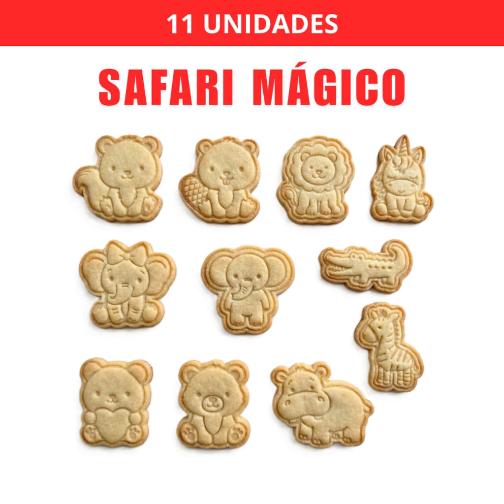 Kit 11 Cortadores/Marcadores de Biscoito Safari Mágico Animais com Puxador