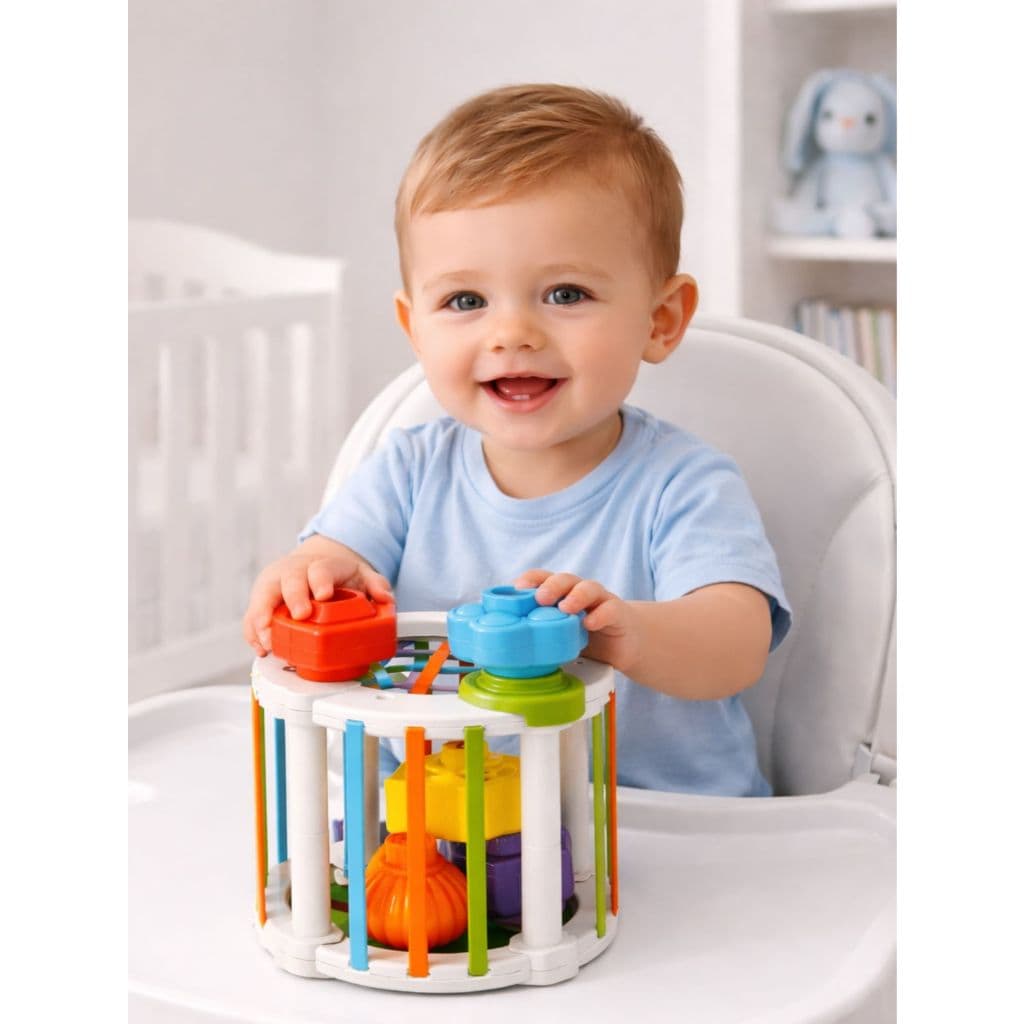 Brinquedo Montessori Sensorial para Bebês 6–9 Meses com Frutas Coloridas, Classificador de Formas e Coordenação Motora.