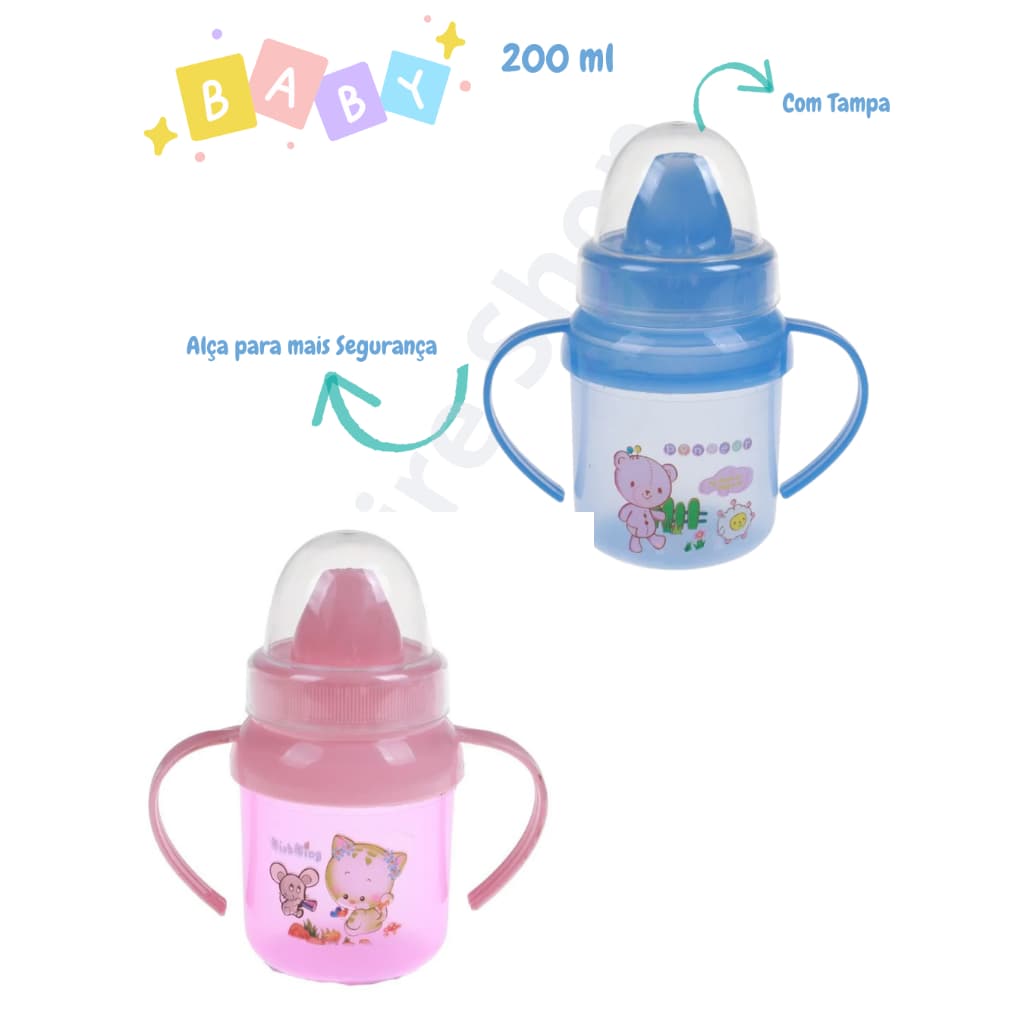 Copo infantil Com Alça e Tampa 200ml Baby Plástico Transição