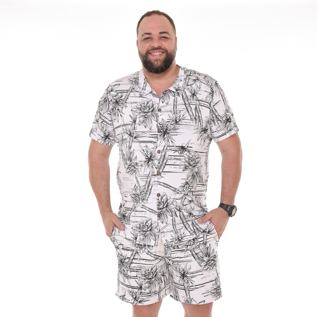 Conjunto Tropical Masculino Viscose Estampa Floral P&B Luxo Conforto