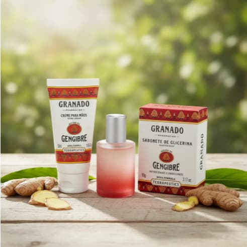 Kit granado terrapeutics gengibre e cardamomo deo colonia+creme maos+sabonete