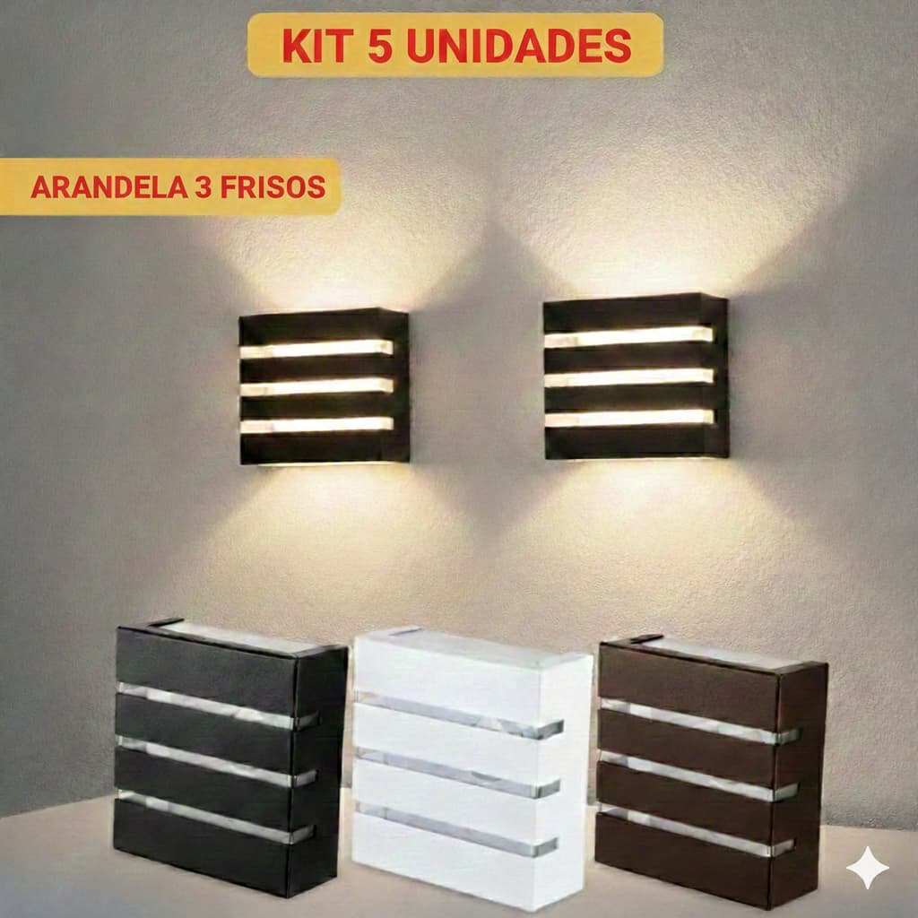 Kit 5 Arandela Luminária Slim 3 Frisos Decoração Luz de Parede Muro Interna Externa Lâmpada LED
