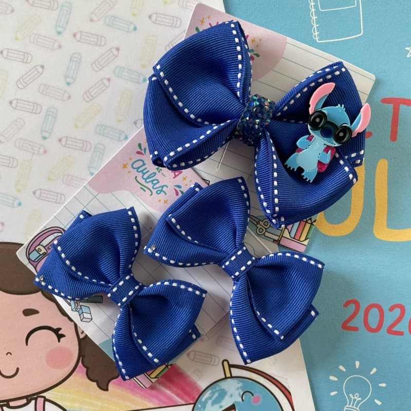 kit 3 laços escolares azul royal | laço escolar lilo stich | laço para uniforme escolar