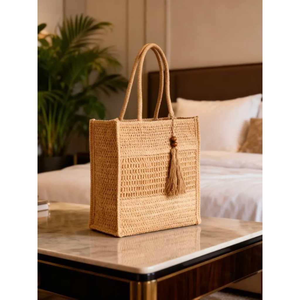 Bolsa De Praia Feminina Com Chaveiro Palha Sintética Grande Capacidade Piscina Verão Lazer Leve