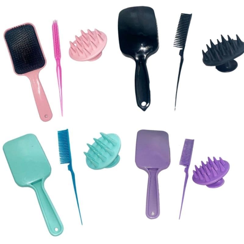 Kit Escova Desembaraçadora + Pente 3 Fileiras + Massageador Capilar | Para Cachos e Crespos