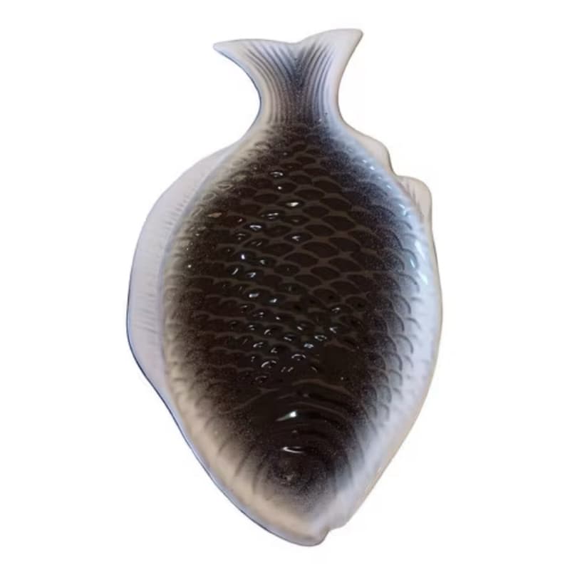 Prato Travessa Formato Peixe Porcelana Petiscos Branco Preto