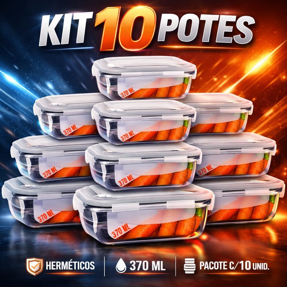 Kit 10 Pote Hermético De Vidro Retangular 370ml