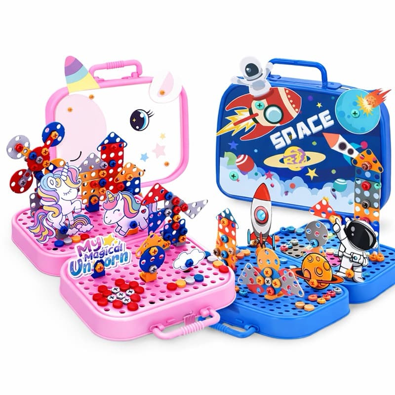Brinquedo Educativo Maleta de Montagem Kit Ferramentas Infantil Didática Unicórnio Mesa de Atividades Com Furadeira