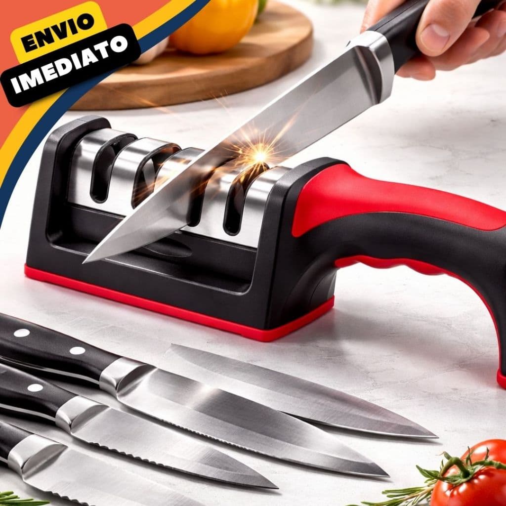 Afiador Amolador de Faca Tesoura Manual 3 Estágios Cabo Anatômico Cozinha Churrasco Profissional