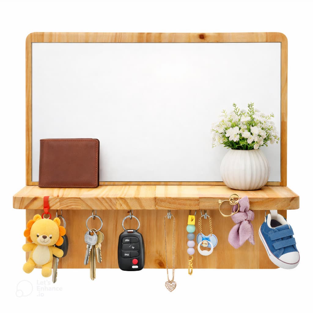 Porta Chaves Com Espelho 6 Ganchos Madeira de Pinus Marca LMC WOOD