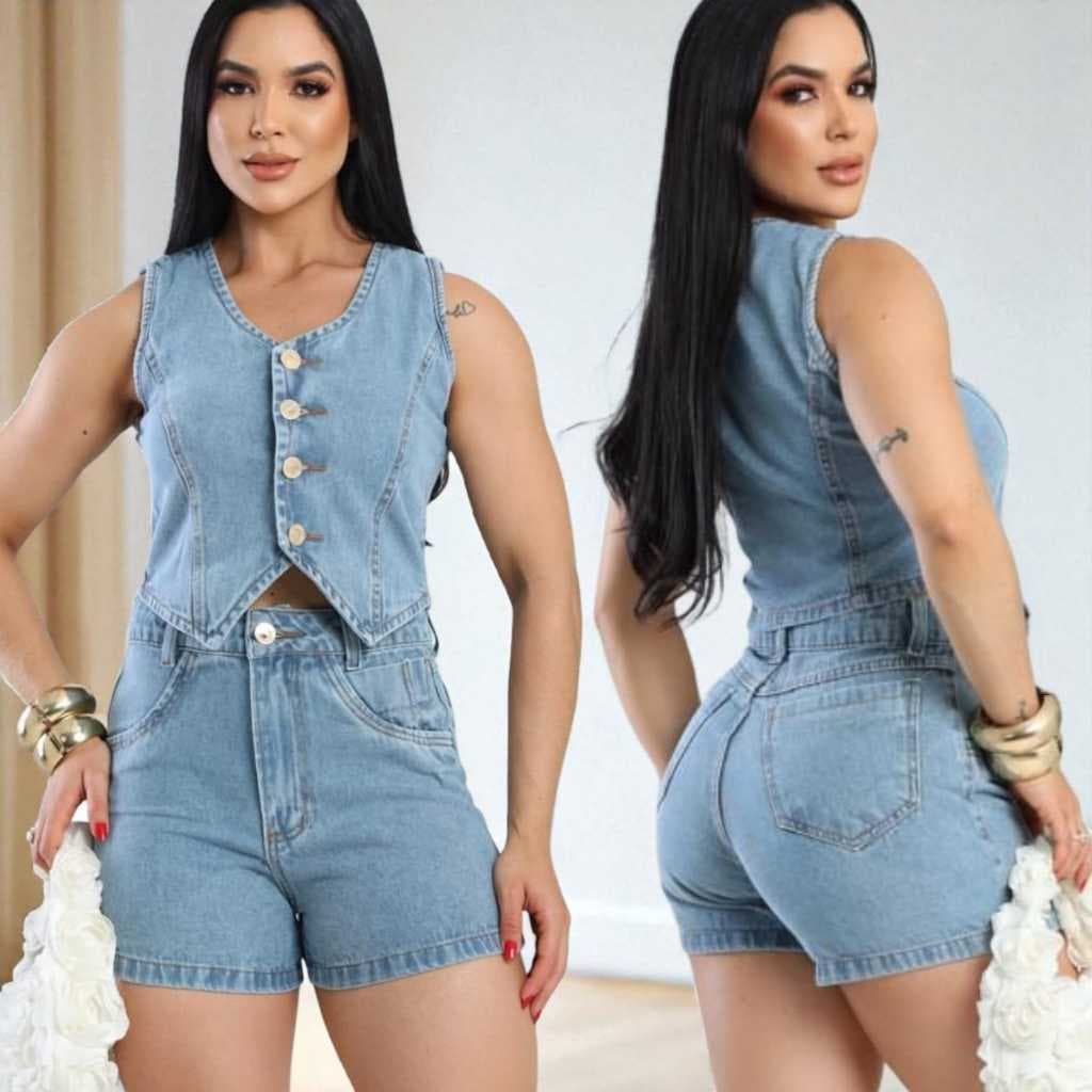 Conjunto Jeans Feminino Cropped Com Botões e Short Cintura Alta