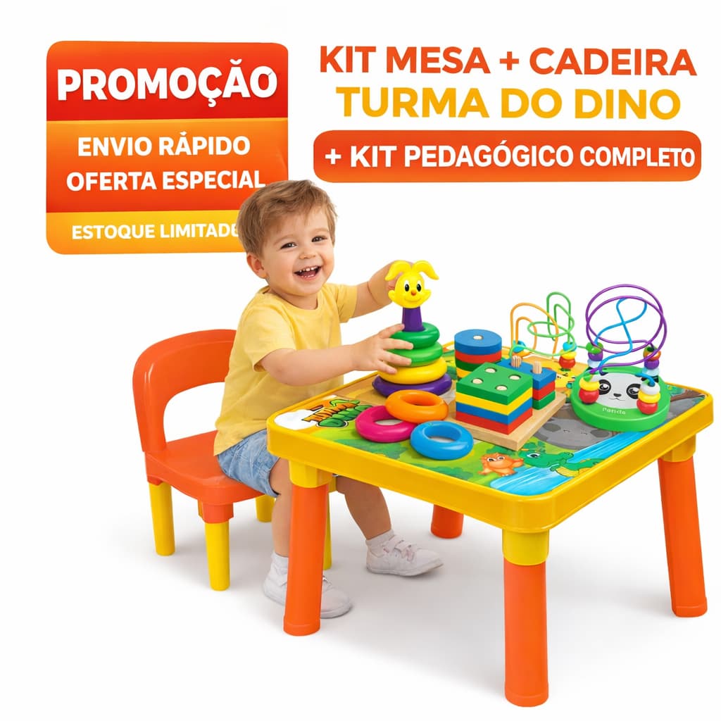 Kit Mesa Mesinha Infantil Turma Dino ou Unicórnio + Cadeira + Kit Pedagógico 3 em 1 Completo