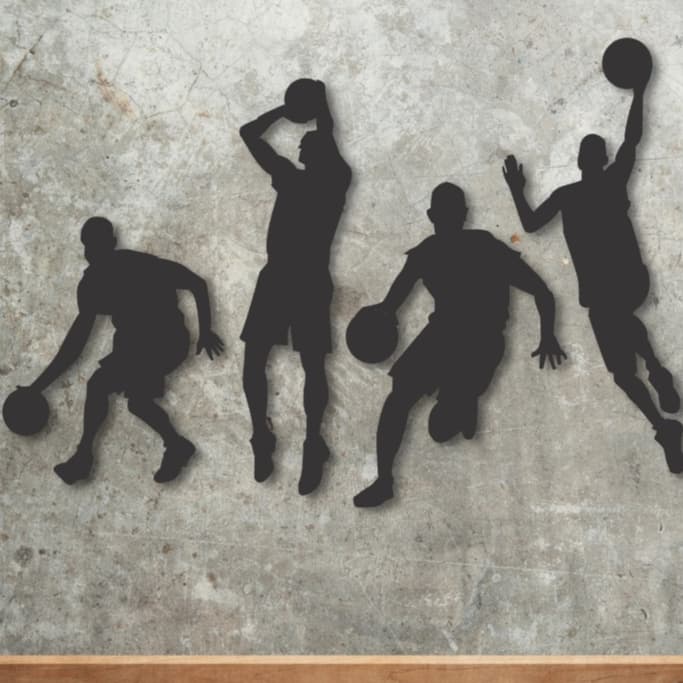Placa Quadro Quarteto Silhuetas Basquete Madeira Decorativa NBA MDF Preto Fosco Com Fita Dupla Face