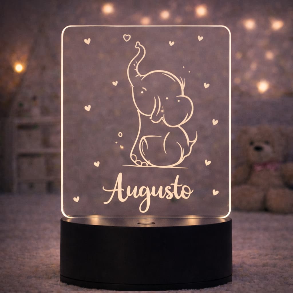 Luminária Acrílica LED Personalizada Infantil - Tema Elefantinho com Nome