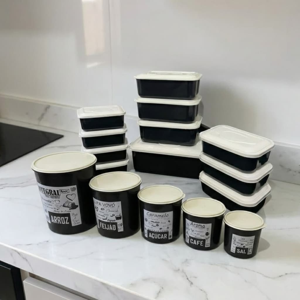 Porta Mantimentos Plástico + Conjunto Potes Retangular Resistente Cozinha Marmitas