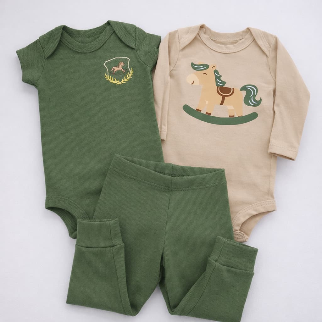 Conjunto Bebê 3 Peças Canelado Body Curto Calça E Body Longo Algodão