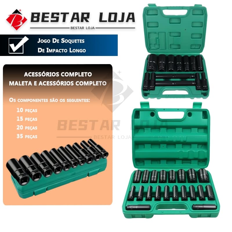BESTAR LOJA KIT 20/15/15+10/10PCS Jogo de soquetes de impacto longo 1/2 Pol. 8mm - 24/32mm