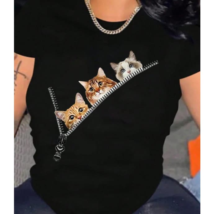 Camiseta Unissex Estampa Gatos com Efeito Zíper 3D Estilo Divertido Casual Moderna T-shirt