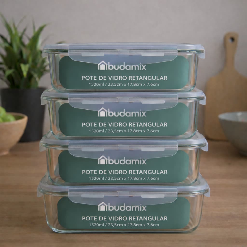 Kit 4 Potes Vidro 1520ml Retangular Hermético 4 Travas Vedação Marmita Mantimentos