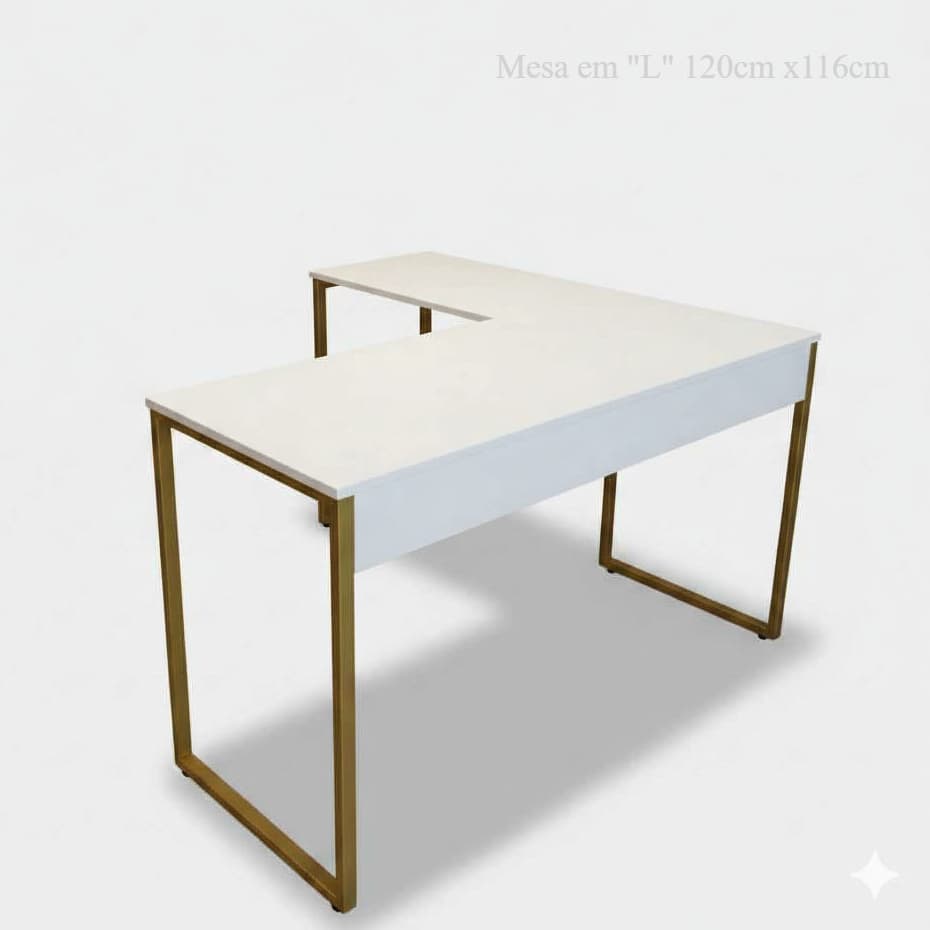 Mesa Em L Estilo Industrial Escrivaninha De Canto Escritório Estudo Pé Dourado Tampo MDF Branco